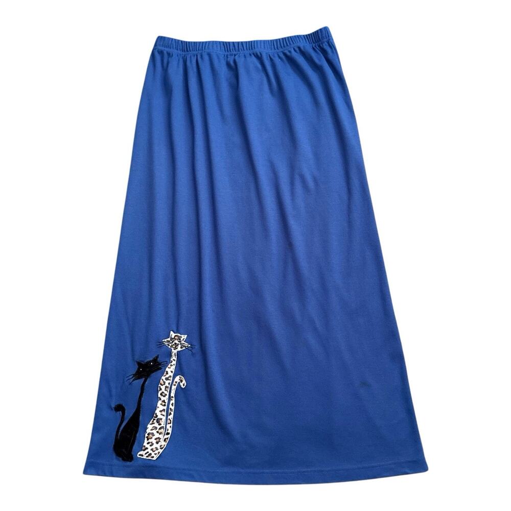 Vintage Victoria Harbour Skirt Womens L Blue Cat Applique Leopard Maxi Stretch